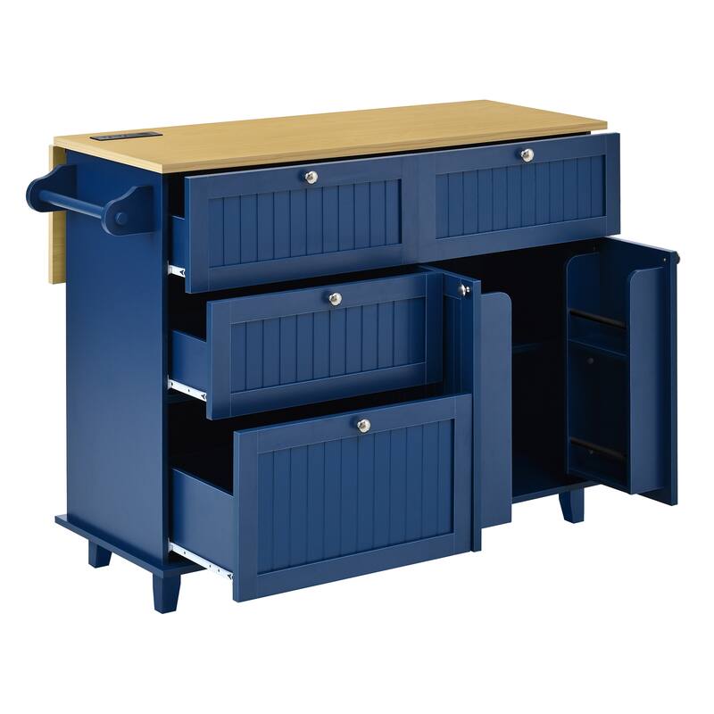 Roomfitters Farmhouse Kitchen Island Cart with Drop Leaf and 2 Stools, Power Outlet and Storage