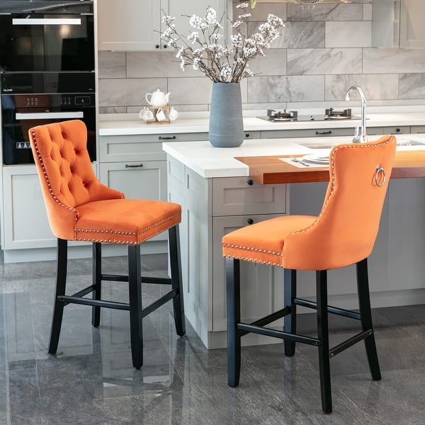 Velvet Upholstered Bar Stools Set of with Chrome Nailhead Trim