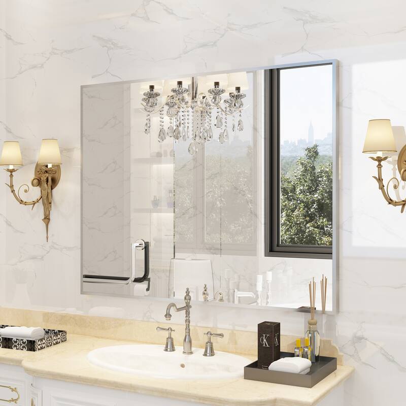 QuivaraView Wall Mounted Aluminum Frame Bathroom Vanity Mirror - 40" x 32" - Silver