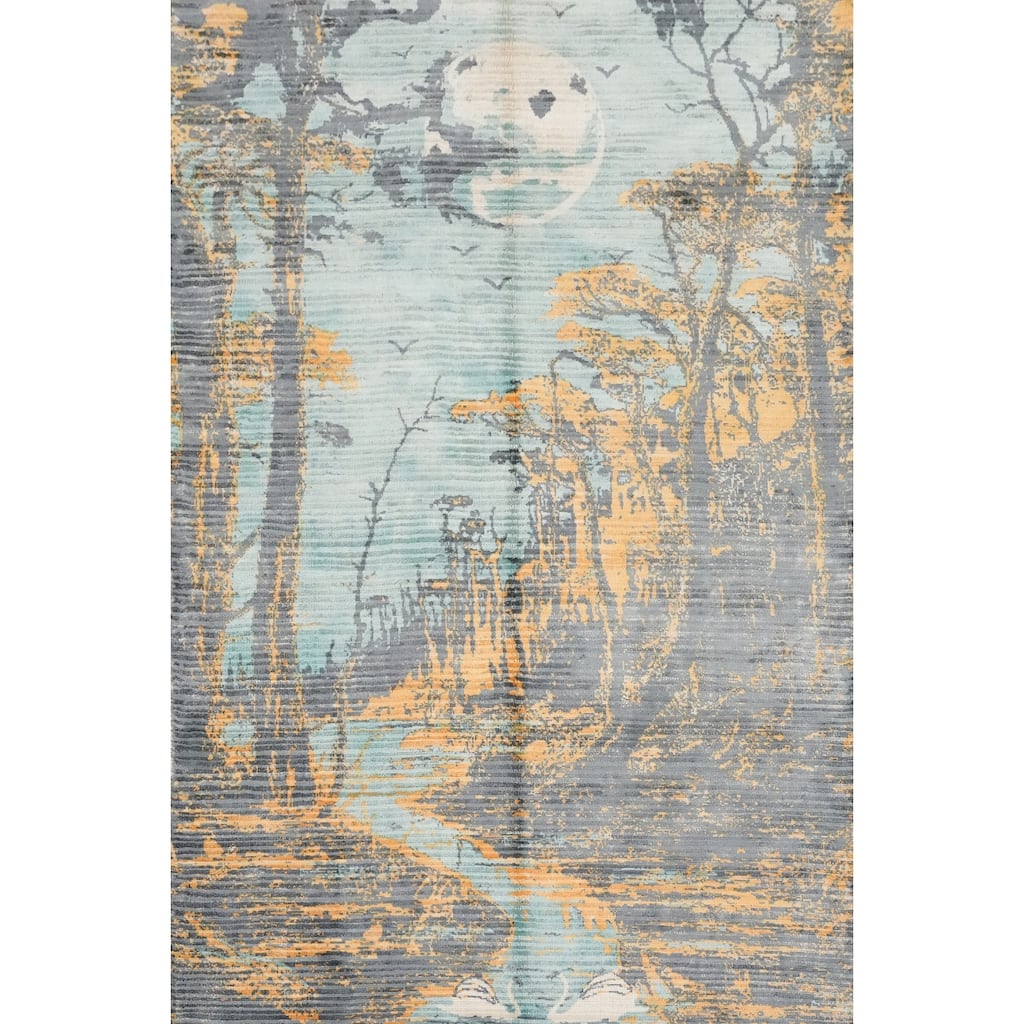 Hand Knotted Oriental Viscose Silk Carpet Modern Pictorial Multi-Colored Abstract Area Rug - 6' 6'' X 4' 5''