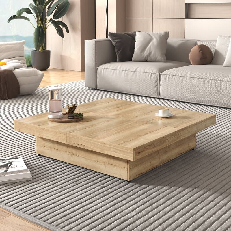 39.4" Square Veneer Coffee Table with Sliding Top & Storage, Natural Wood Grain Finish - Natural