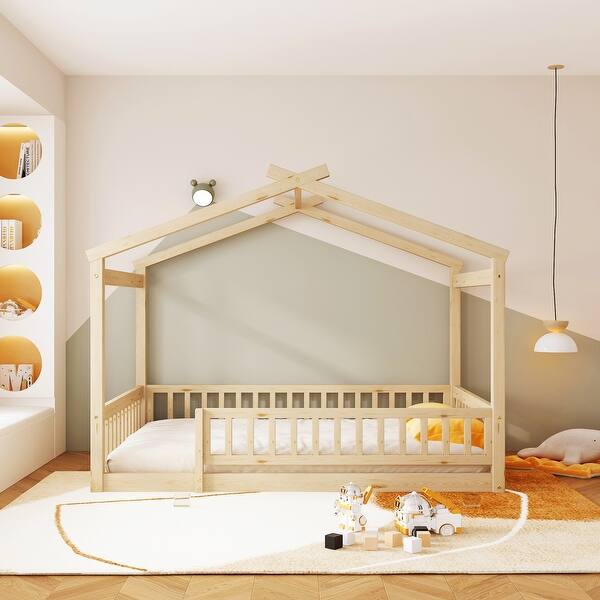 slide 2 of 8, Natural Full Platform Floor Bed wSemi-enclosed House-shaped Frame, Fence Natural - Full