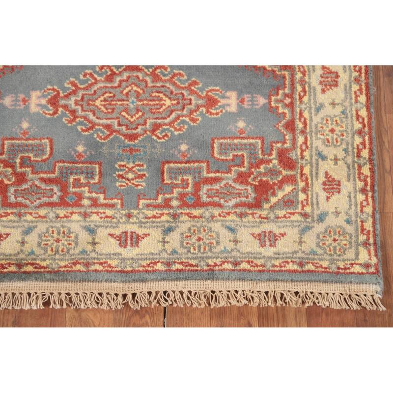 Gray Geometric Kazak Accent Rug Hand-Knotted Oriental Wool Carpet - 2'11"x 5'1"