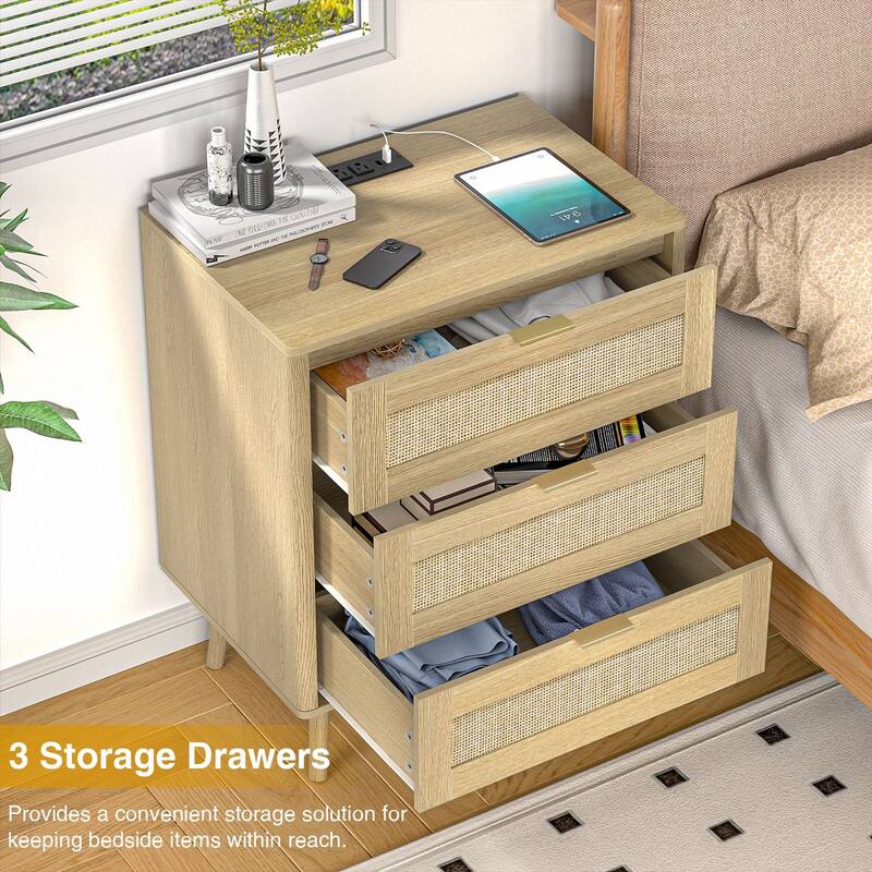 3-Drawer Rattan Dresser - Modern Boho Chest with Natural Accents, Smooth Drawers & Bedroom Storage