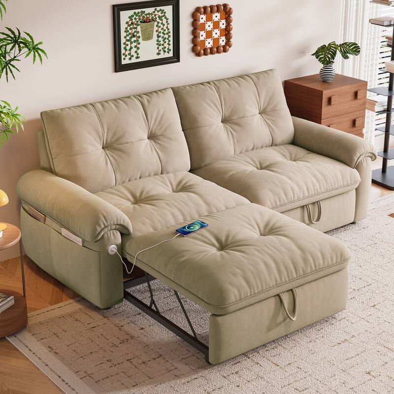 2-in-1 Velvet Pull Out Sleeper Sofa Bed Convertible Loveseat Couch for Sitting, Napping or Sleeping with Side Pockets and USB