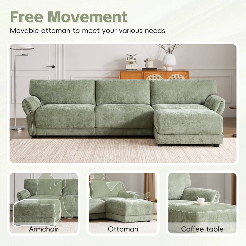 110" Modular Sectional Sofa, L-Shape, Green Chenille, with Charging Ports, Petal Armrests, Free Movement Ottoman