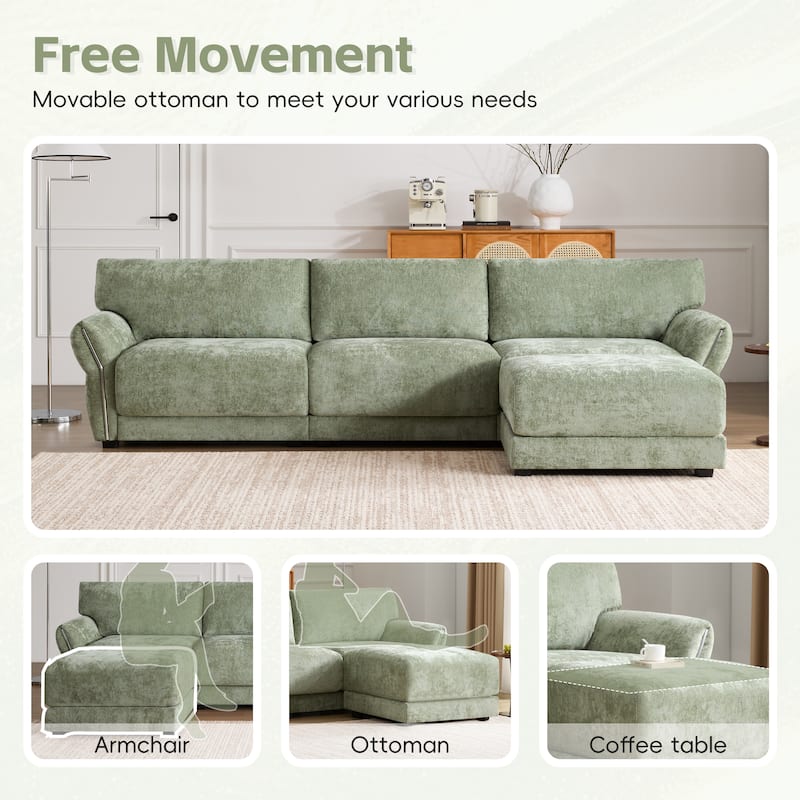 L-Shape Modular Sectional Sofa with Movable Ottoman, Chenille Upholstered 4 Seater Sofa, Lounge Sofa with USB & Type-C Charger