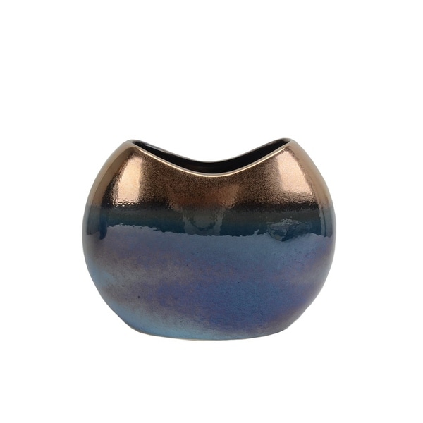 Round Ceramic Ombre Vase with Curved Opening, Copper and Blue