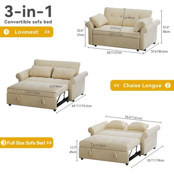 dimension image slide 1 of 6, Moasis Sleeper Sofa Bed 3-in-1 Convertible Couch with Pullout Bed, Reclining Backrest, Storage Pockets - 50"L x 37.6"W x 31.5"H