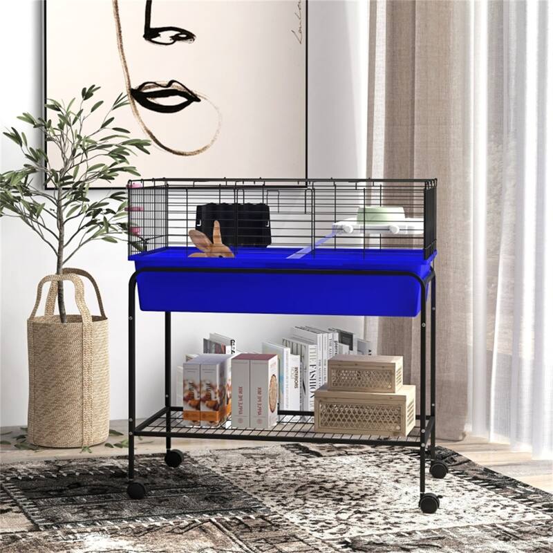Small Pet Habitat with Shelf Storage and Wheels - 33" L x 18.5" W x 35.25" H - Black-Blue