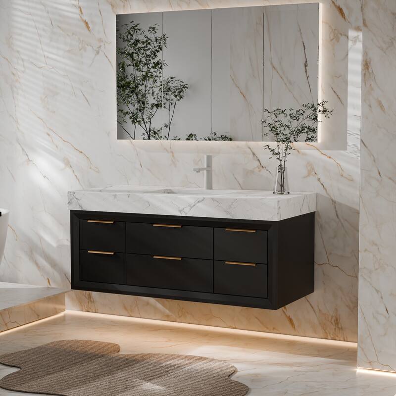 Modland 48" Modern Floating Bathroom Vanity with Single Sink, Soft-Close Drawers, White Stone Countertop