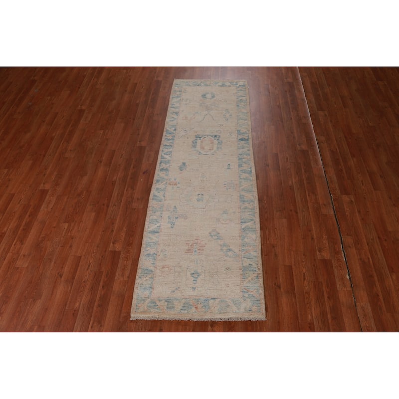 Hand Knotted Oriental 100% Wool Carpet Transitional Floral Beige & Ivories Oushak Runner Rug - 7' 11'' X 2' 6''