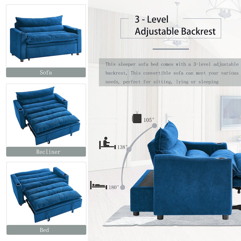3-in-1 Convertible Sofa Bed with Adjustable 3-Position Backrest, Loveseat Sleeper Couch with Cup Holder