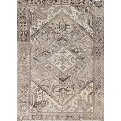 Vintage Geometric Distressed Heriz Persian Area Rug Wool Hand-knotted - 7'0" x 9'2"