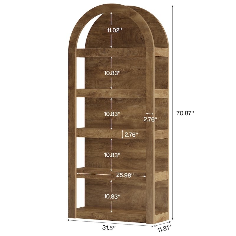 5-Tier Farmhouse Arched Bookshelf, 71" Tall Bookcase Arch-Shaped Rack