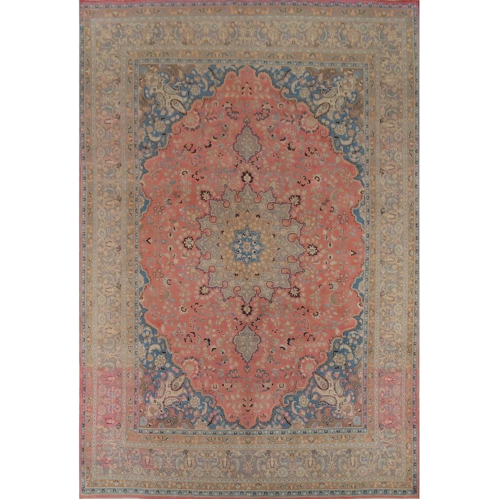 Pink Floral Mashad Persian Vintage Area Rug Hand-Knotted Wool Carpet - 9'8"x 12'5"