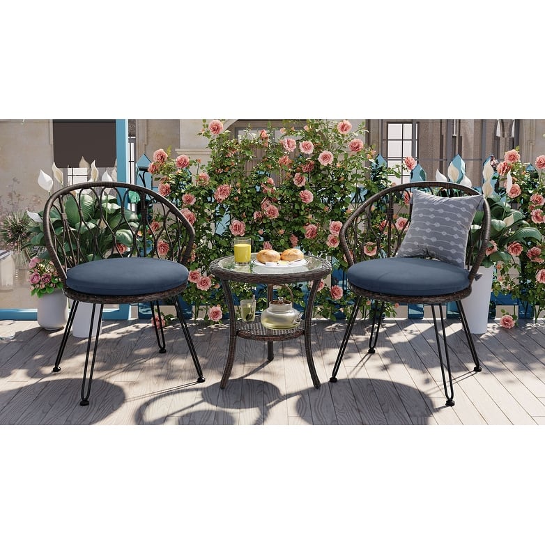 3 Pieces Rattan Bistro Set with A Glass Round Table for Patio
