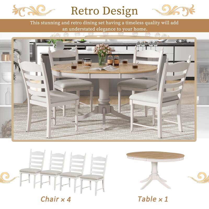Off White Retro 5-Piece Wooden Dining Table Set with Extendable Round Table & 4 Chairs