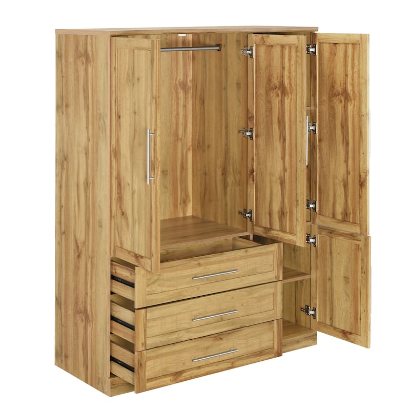 4 Door Wardrobe Closet, Bedroom Wooden Armoire Cabinet with 3 Drawers, Shelves & Hanging Rod