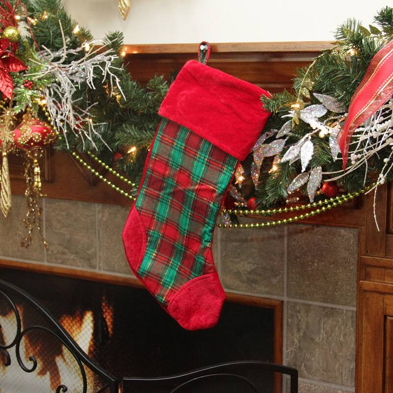 19" Christmas Traditions Woven Plaid and Velvet Stocking