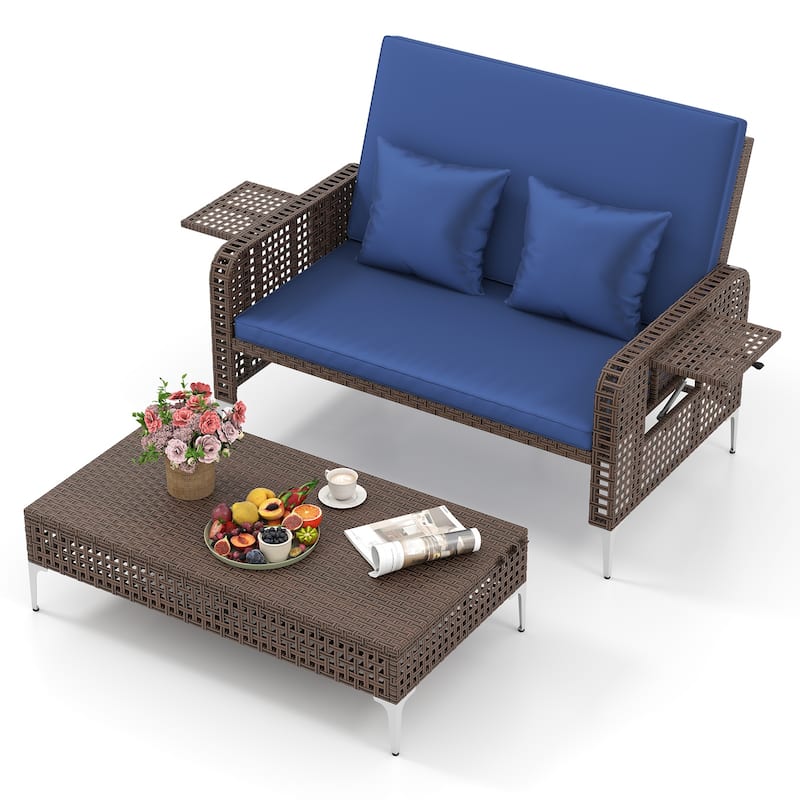 2 Piece Mix Brown Rattan Outdoor Daybed Loveseat and Ottoman Set with Adjustable Backrest - 50” x 48” x 35”
