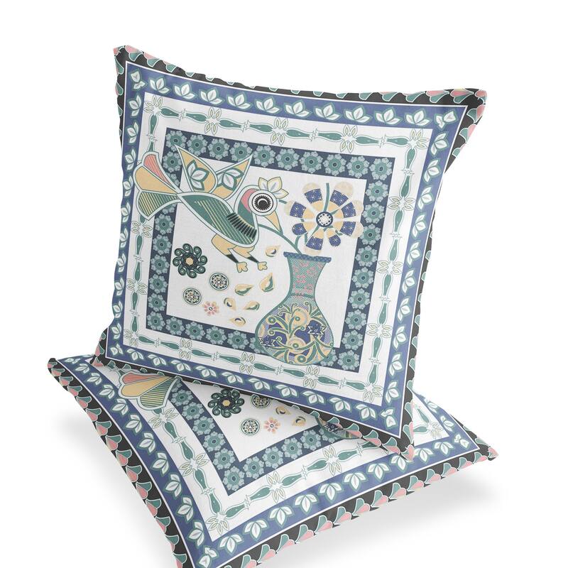HomeRoots Set of Two 16" X 16" Blue and White Peacock Blown Seam Floral Indoor Outdoor Throw Pillow - 16.00' X '16.00' X '5.00