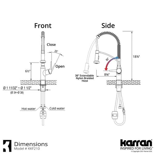 dimension image slide 0 of 2, Karran All in One Apron Front Quartz 34 in. Double Bowl 50/50 Kitchen Sink in White with Faucet KKF210 in Matte Black