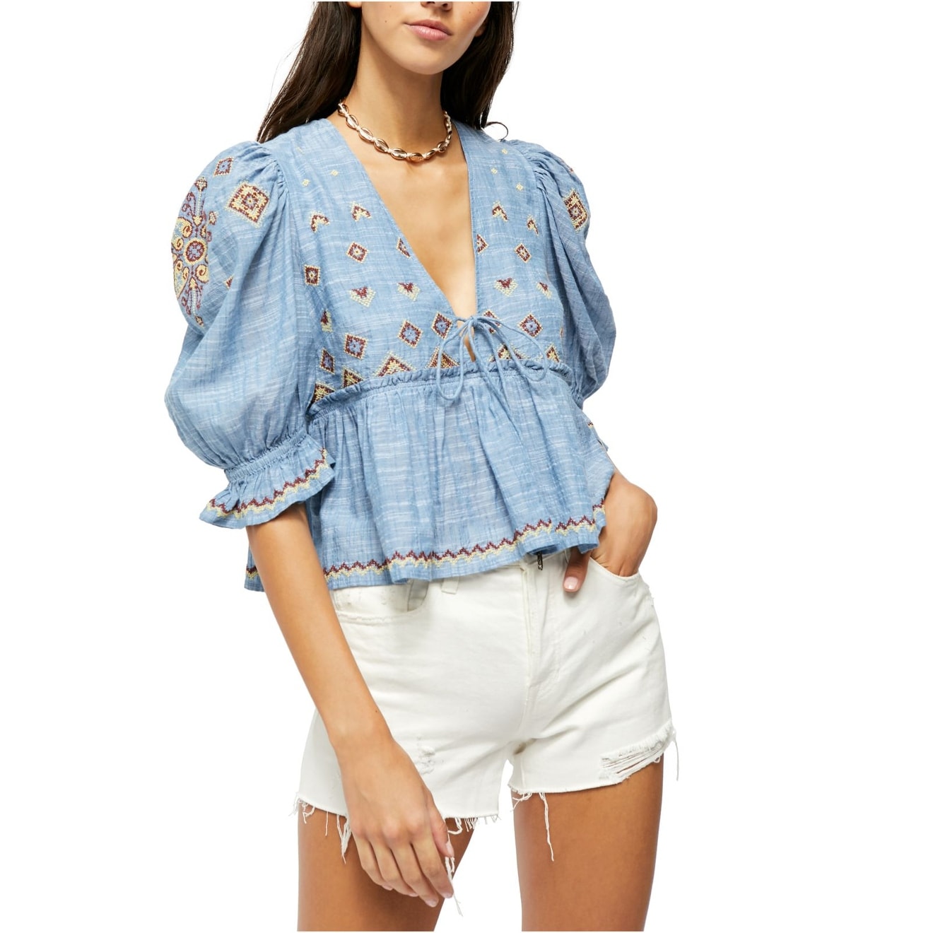 Free People Womens Blouse Blue Size Large L Peplum Embroidered V-Neck