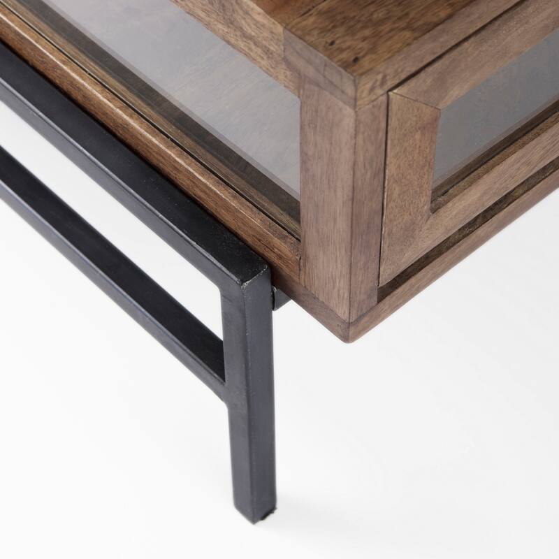 Arelius Light Brown Solid Wood w/ Black Iron Base Square Display Coffee Table