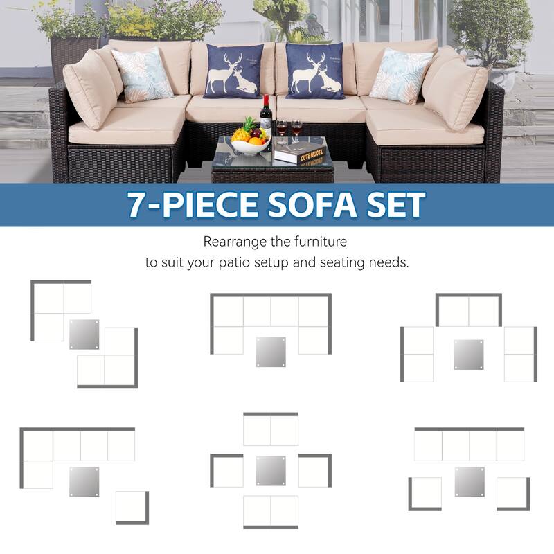 7-Piece Wicker Outdoor Sectional Set with Cushions and Coffee Table