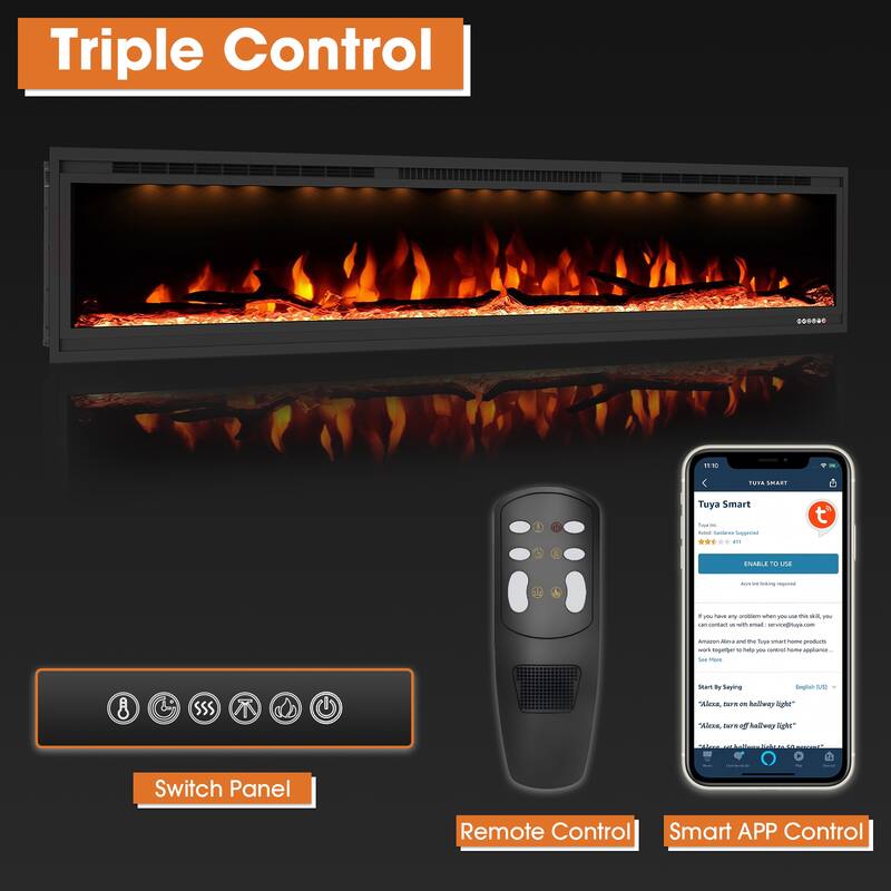 76" 1500W Modern Inserted Wall Mounted Linear Smart Electric Fireplace Heater with APP Control and Remote