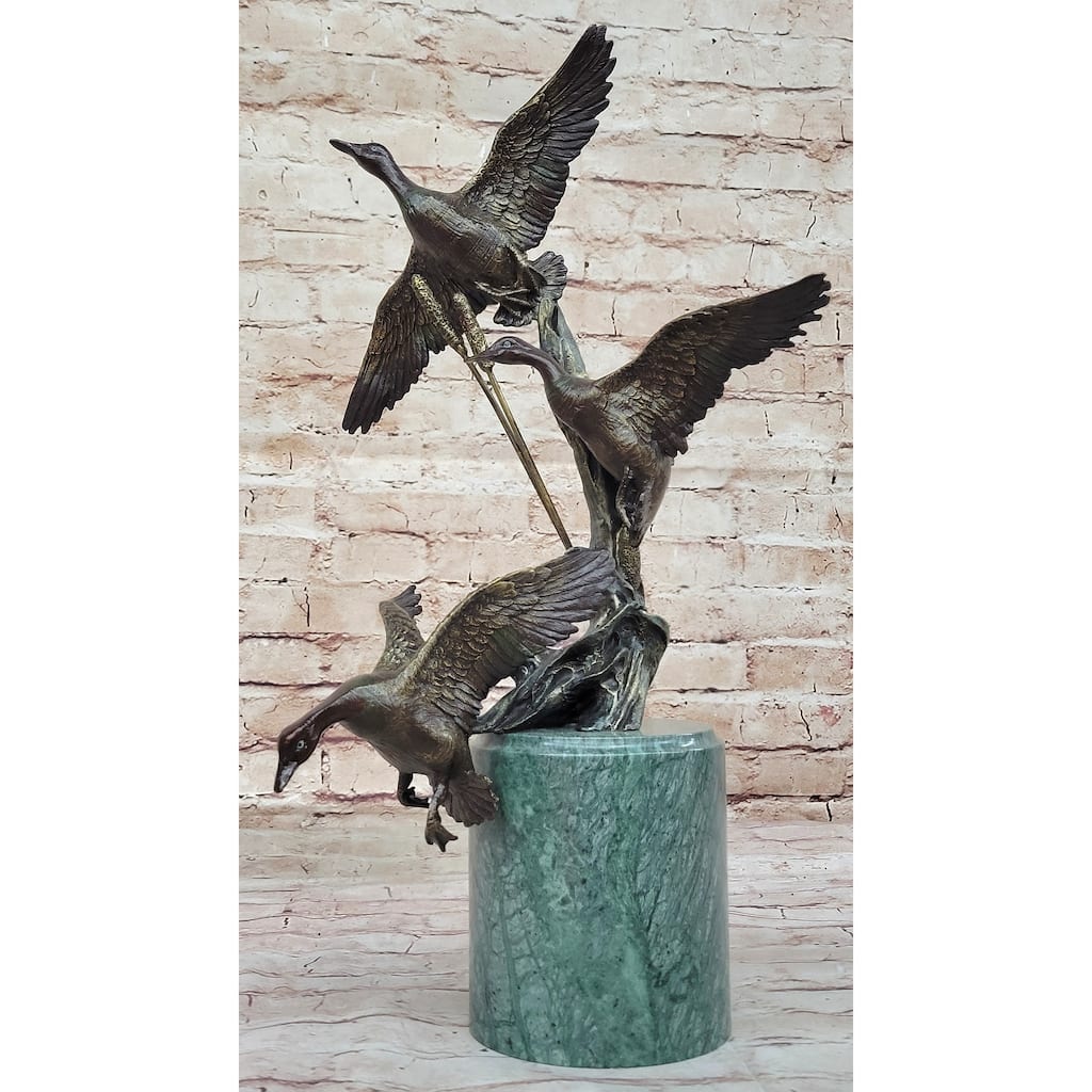 Three Ducks Geese Water Birds In Flight Among The Reeds Bronze Sculpture On Marble Base