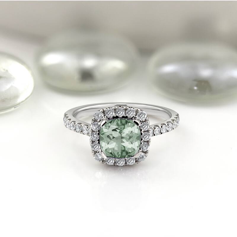 Auriya 3/4ct Cushion-cut Green Amethyst and Halo Diamond Engagement Ring 1/2cttw 14k Gold
