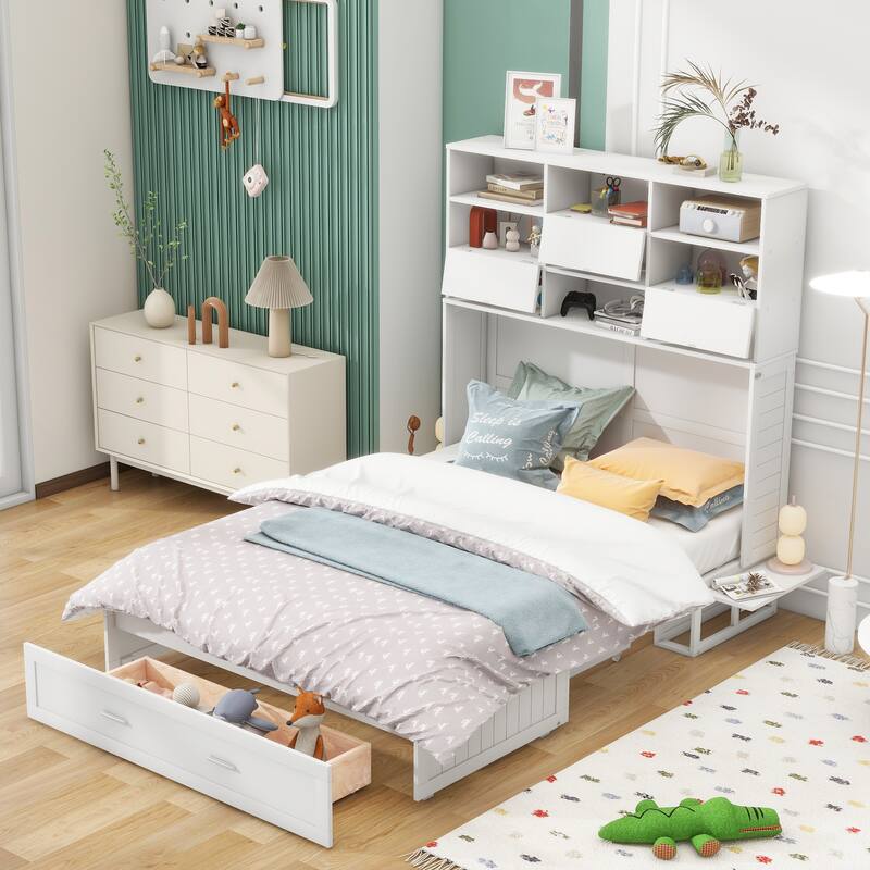 Queen Size Murphy Bed with Bookcase, Bedside Shelves and a Big Drawer, White Bed Bath & Beyond