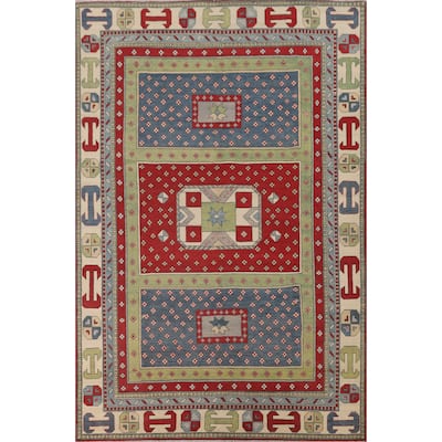 Geometric Kazak Area Rug Handmade Oriental Multi-Color Wool Carpet - 6'7" x 9'10"