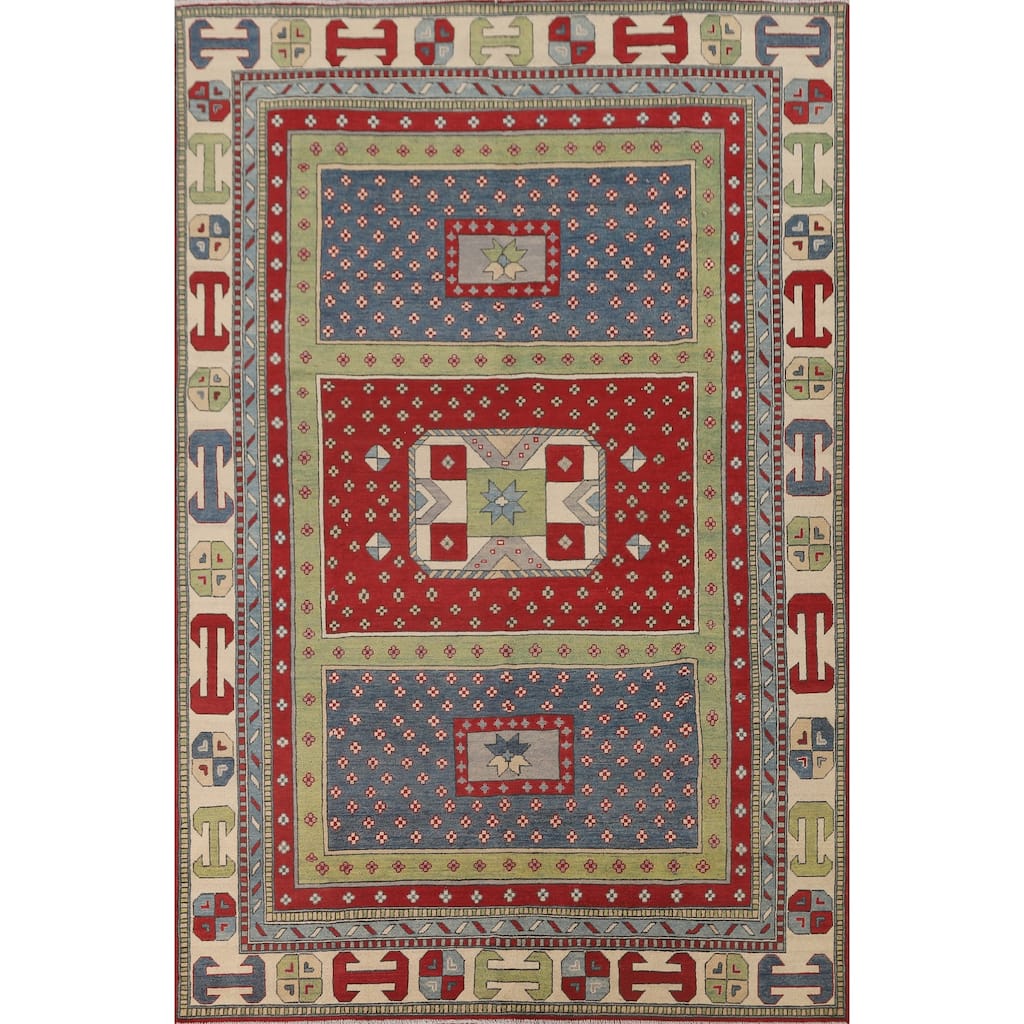 Geometric Kazak Area Rug Handmade Oriental Multi-Color Wool Carpet - 6'7" x 9'10"