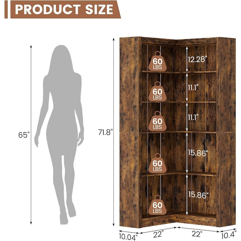 Industrial L Shaped Corner Bookshelf with Open Shelves - N/A