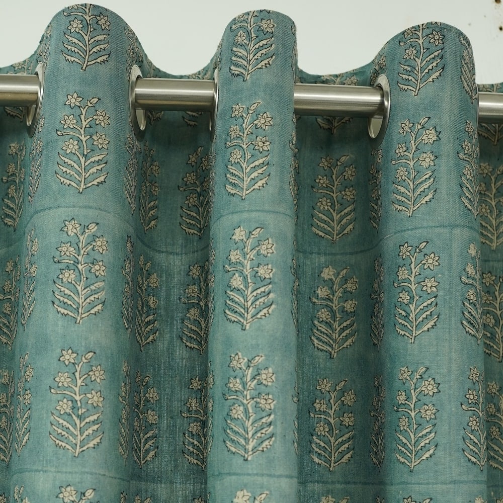 Fabdivine Handmade Soft Pure Linen Fabric Eyelet Curtain Block Print Floral Drape