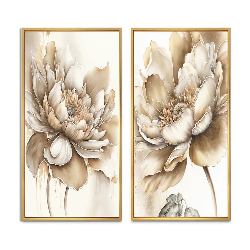 Designart "Indigold Beige Flower III" Floral Framed Wall Art Set Of 2 - Beige Gallery Wall Set For Home Decor