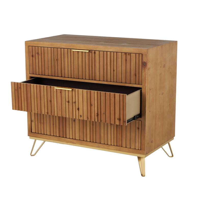 Brown Wooden Ribbed 3 Drawers Room Cabinet with Gold Handles and Legs - 20"W x 36"L x 32"H