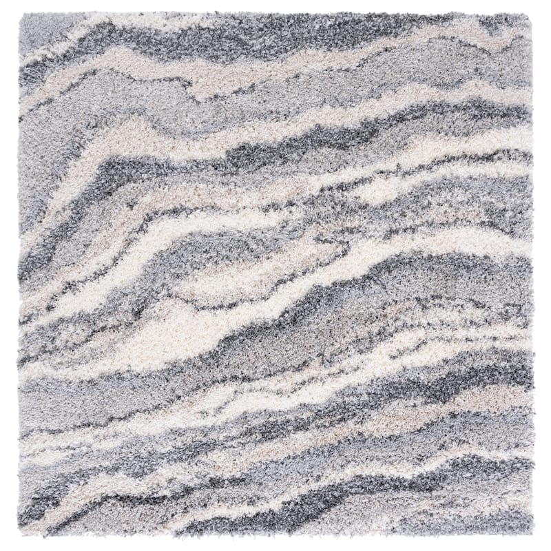 SAFAVIEH Fontana Shag Geanina Modern Abstract 2-inch Thick Rug - 6'7" Square - Grey/Ivory