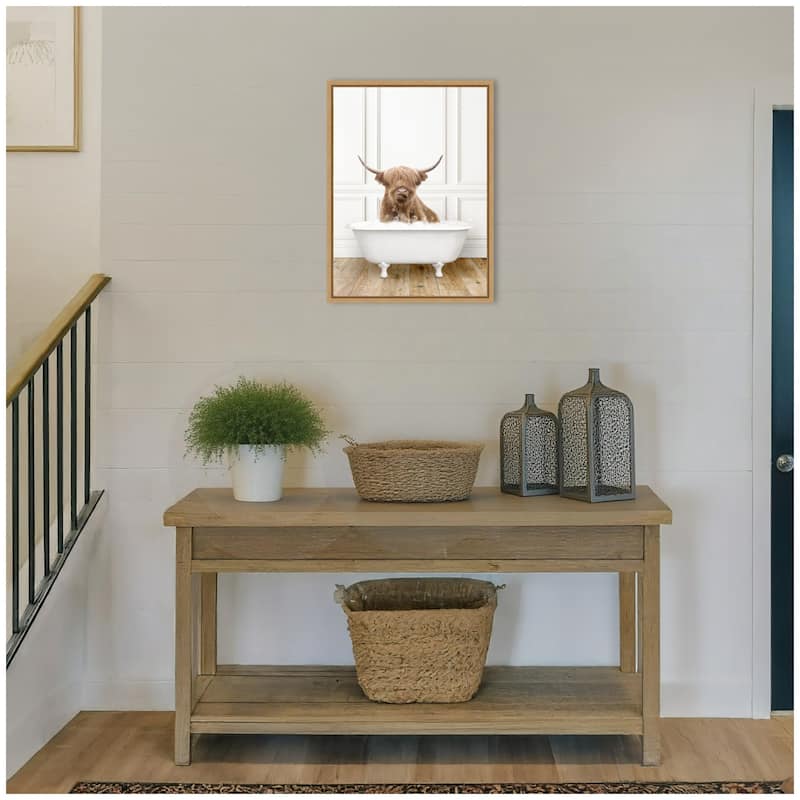 Kate and Laurel Sylvie Highland Cow in Traditional Vintage Bathtub Framed Canvas by Amy Peterson