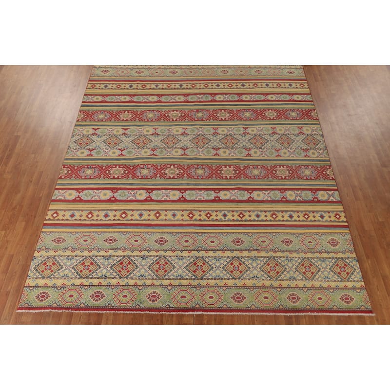 Striped Kazak Oriental Area Rug Hand-Knotted Wool Carpet - 9'10"x 13'2"