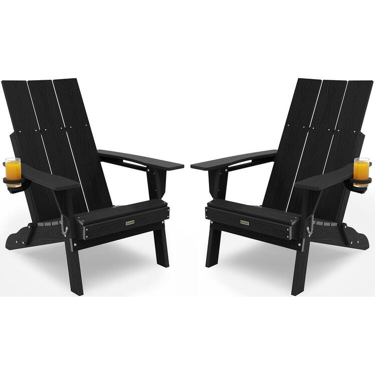 WINSOON Modern HDPE Outdoor Folding Adirondack Chair With Cup Holder Set Of 2 - Black