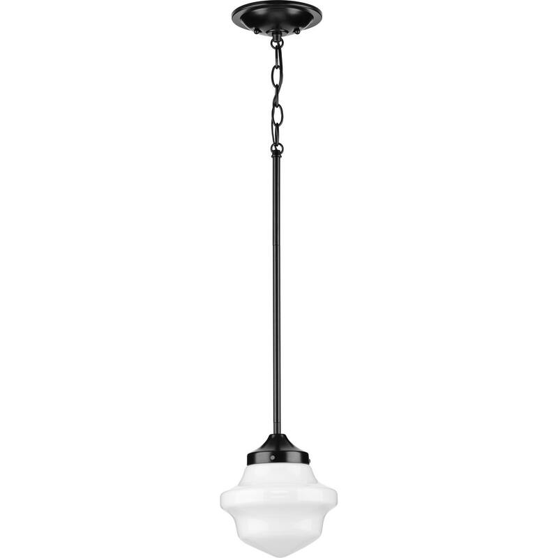 School House Pendant Collection One-Light Matte Black Opal Glass Coastal Mini-Pendant Light - 8 in x 8 in x 9 in