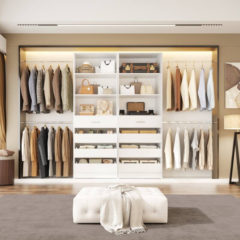 Qvella 95''-136'' W Closet System with 8 Wooden Drawers and 4 Hanging Rods, Walk-in Closet Organizer with 6 Storage Shelves