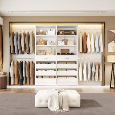 Qvella 95''-136'' W Closet System with 8 Wooden Drawers and 4 Hanging Rods, Walk-in Closet Organizer with 6 Storage Shelves