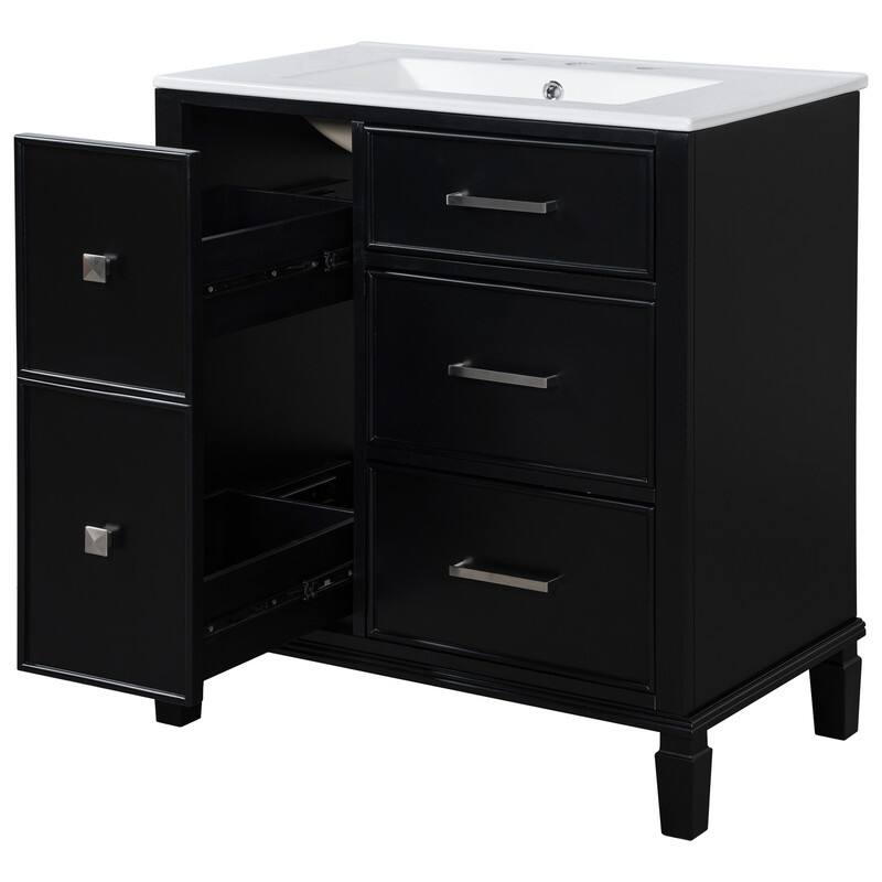 30 Inch Bathroom Vanity with Ceramic Sink, Flip-Out Drawer Design for Plumbing, White Painted MDF Cabinet with Solid Wood Legs