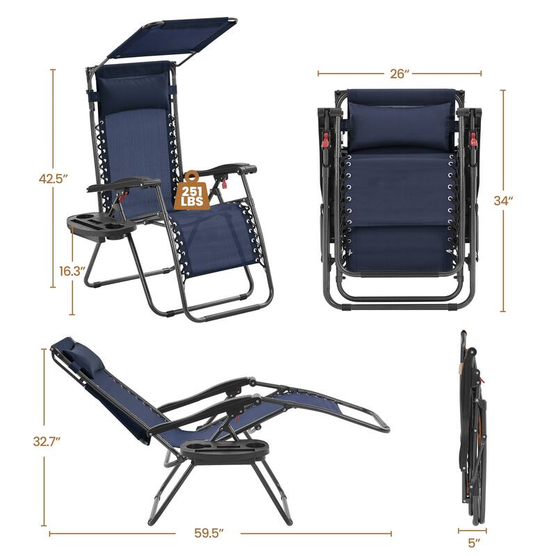 Yaheetech 26in Outdoor Zero Gravity Chair Patio Lounge Camping Chair with Sunshade