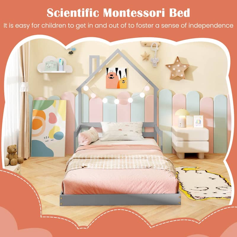 Costway Twin Size Floor Bed for Kids with Chimney Headboard & Handrail
